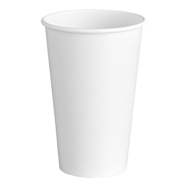 A plain white 16 oz. poly paper cold cup.
