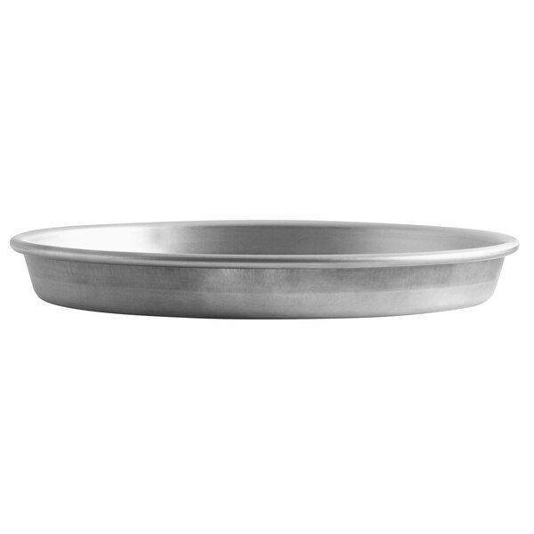 A silver Vollrath tapered deep dish pizza pan.