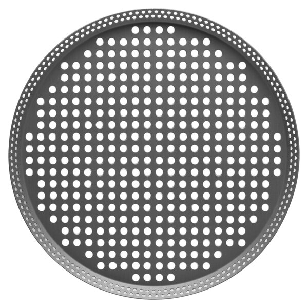 A Vollrath Mega Perforated Hard Coat Aluminum Pizza Pan with holes.