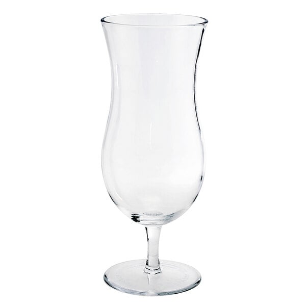 A Front of the House Drinkwise clear plastic hurricane glass with a stem.