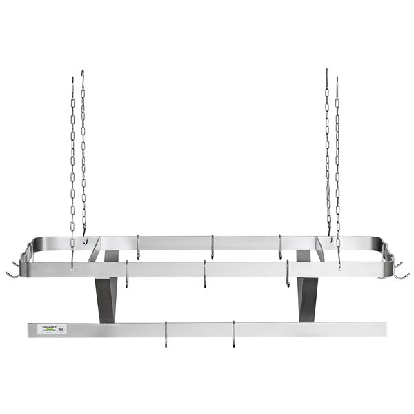 a metal rack with hooks from chains