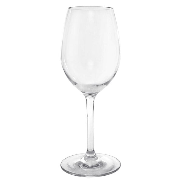 A clear wine glass on a white background.