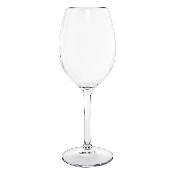 A Front of the House Drinkwise clear Tritan plastic wine glass with a stem.