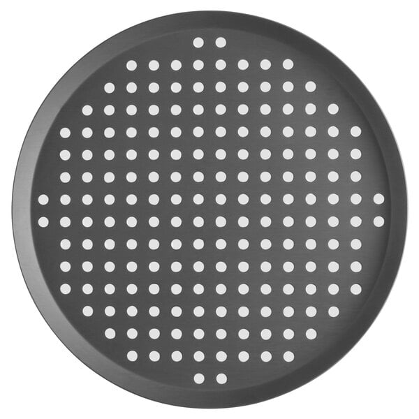 A black and white Vollrath 13" round perforated pizza pan.