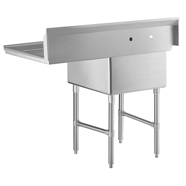 A Regency stainless steel commercial sink with right drainboard and legs.