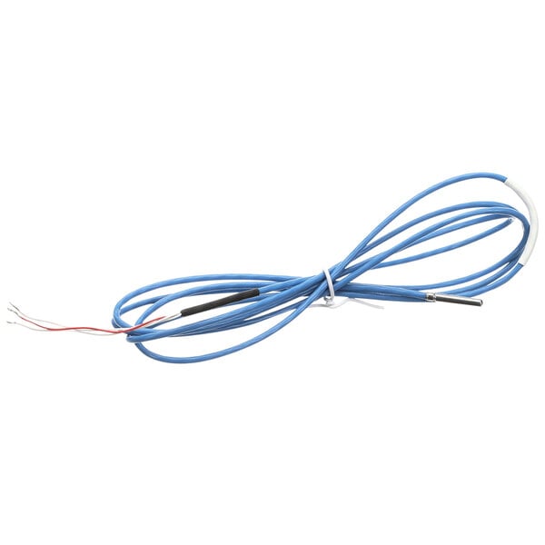 A close-up of a blue cable with white wires.