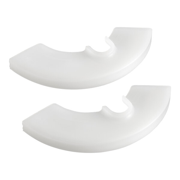 A pair of white plastic Spaceman shoe pieces with a white handle.
