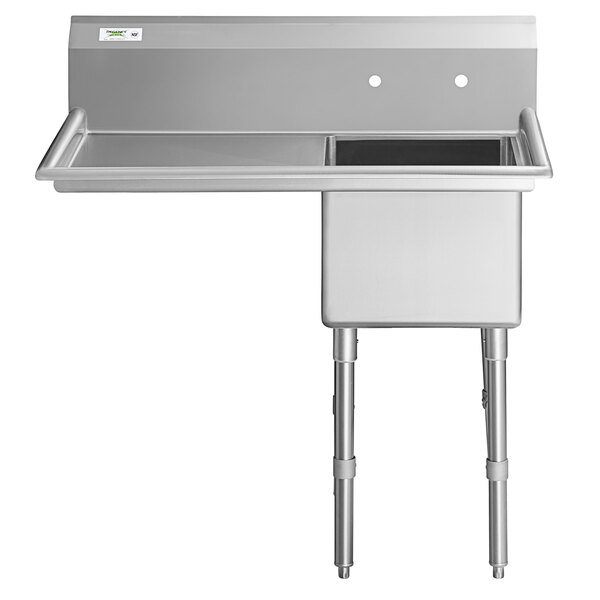 A Regency stainless steel one compartment sink with a left drainboard and metal stand.