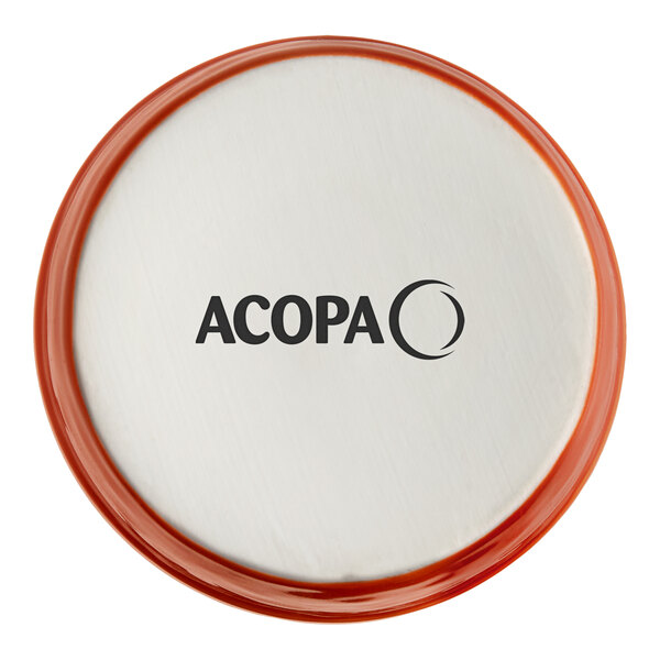 A round, orange stoneware ramekin with a white interior and the brand name 'Acopa' printed on the bottom.