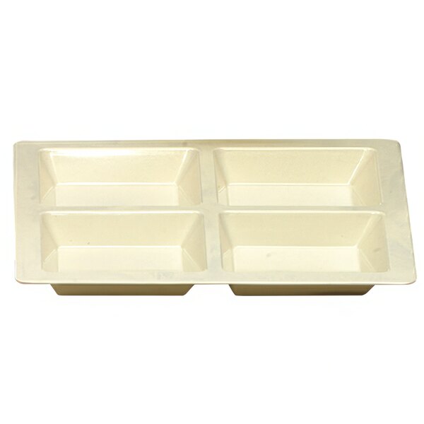 A white rectangular melamine tray with four compartments.