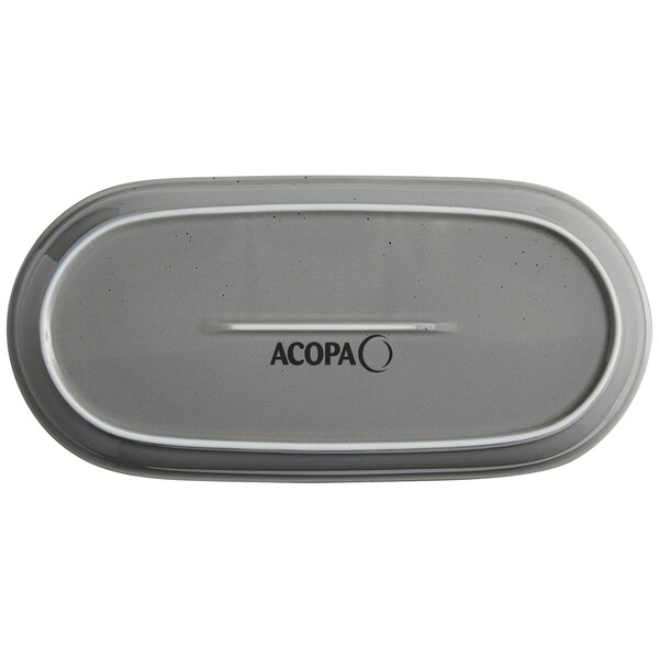 A grey stoneware oval platter with the word "Acopa" in black.