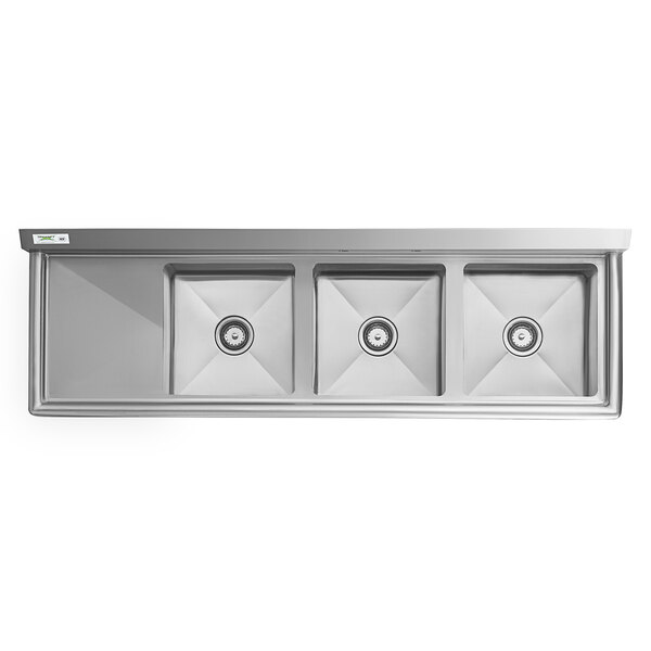 A Regency stainless steel 3 compartment sink with a left drainboard.