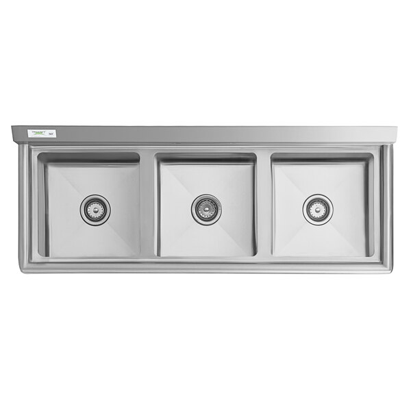 A Regency stainless steel commercial sink with three bowls.