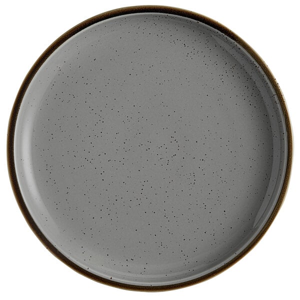 A close-up of an Acopa Keystone granite gray stoneware coupe plate with speckles.