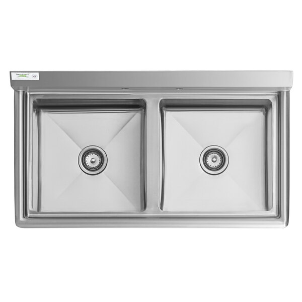 A Regency stainless steel double bowl sink with stainless steel legs and cross bracing.