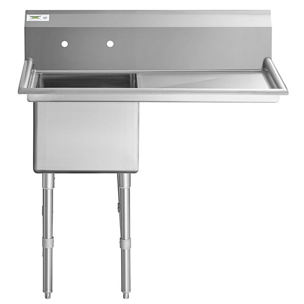 A Regency stainless steel sink with a right drainboard and legs.