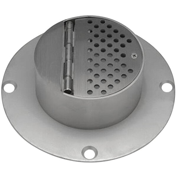 A round metal Zurn downspout cover with holes.