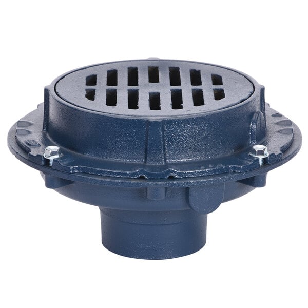 A blue Zurn round floor drain cover with holes.
