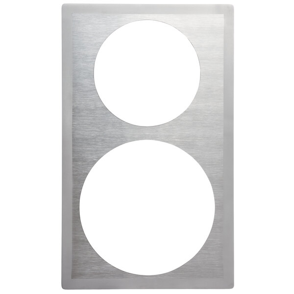 A silver rectangular stainless steel adapter plate with two circles.