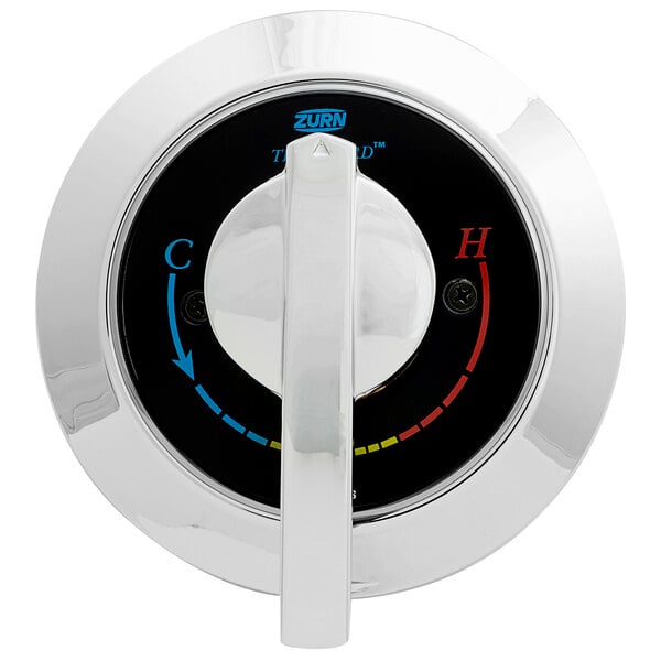 A Zurn chrome-plated shower valve with blue and red temperature controls.