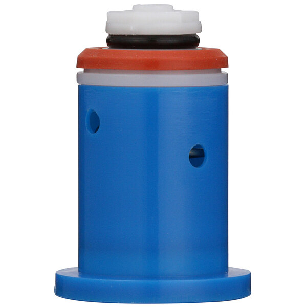 A blue and red plastic cylinder with a white cap, which is the Zurn G61754 metering valve sleeve and poppet assembly.