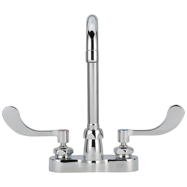 A Zurn deck-mount faucet with gooseneck spout and wrist handles.