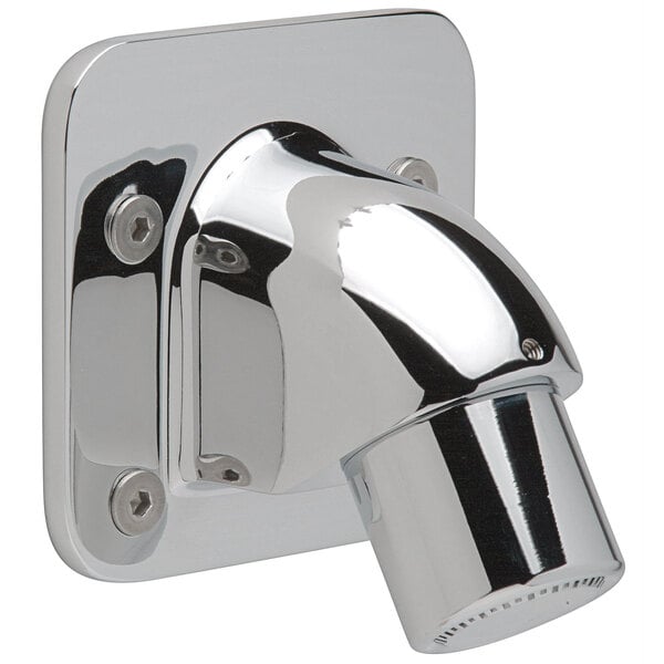 A close-up of a chrome plated Zurn shower head with an anchor plate.