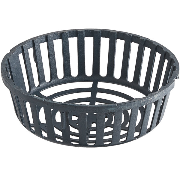 A black metal dome strainer with holes.