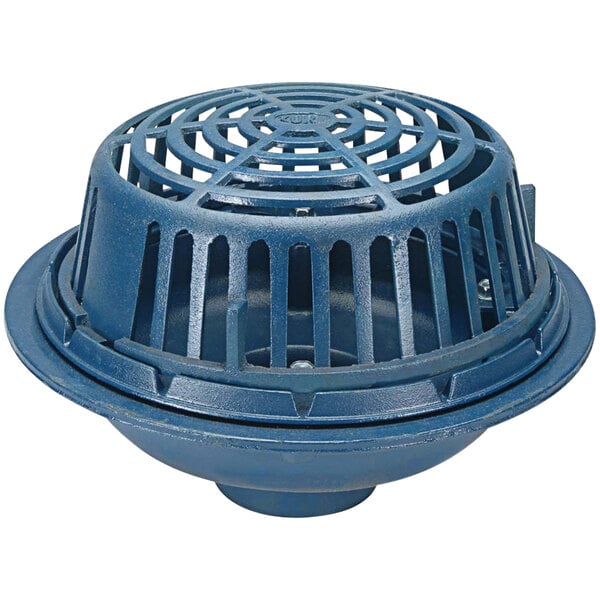 A Zurn cast iron roof drain with a blue plastic drain cover and metal grate with holes.