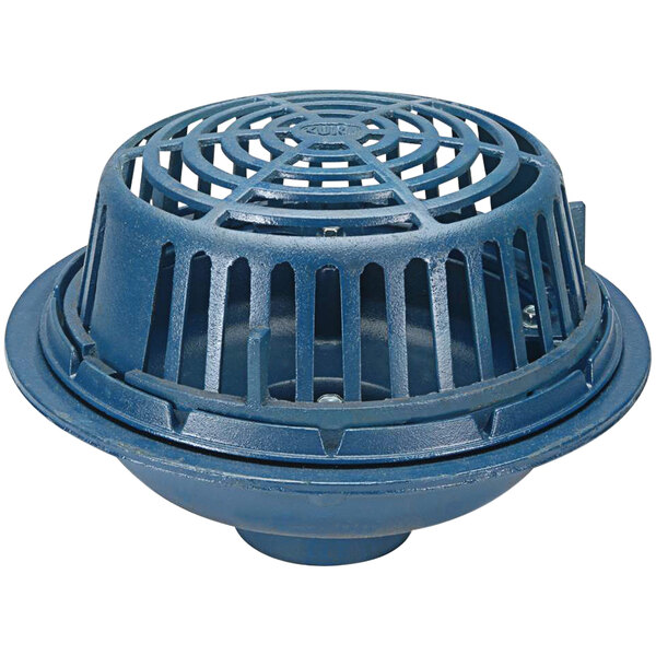 A Zurn cast iron roof drain with a blue plastic low silhouette deck plate and metal grate with holes.
