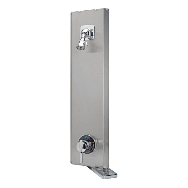 A stainless steel rectangular Zurn Temp-Gard institutional shower unit with a black handle.