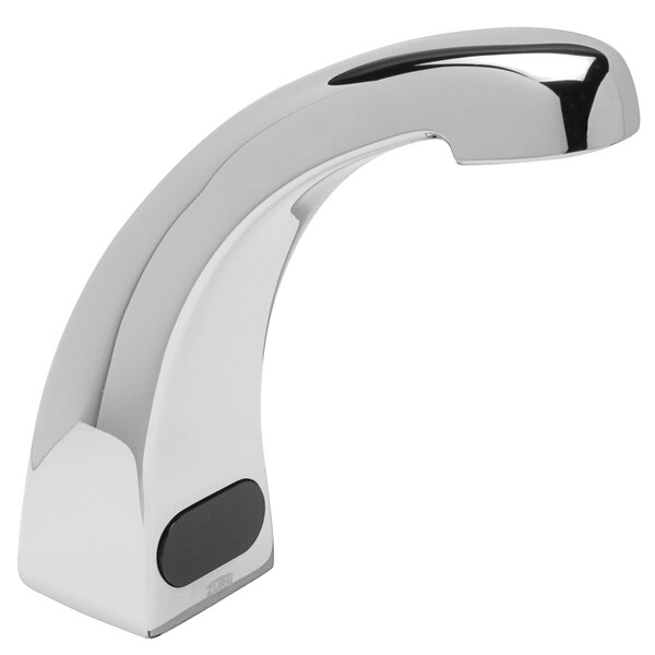 A chrome Zurn AquaSense deck mount sensor faucet with a black handle.