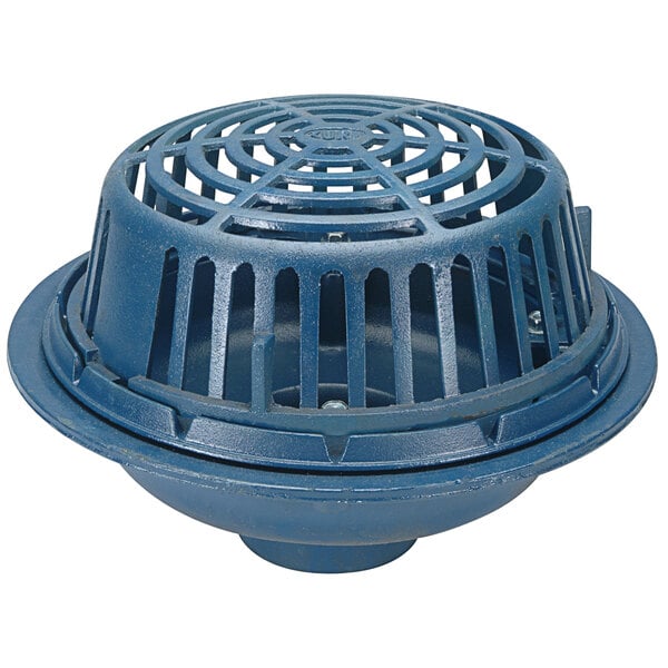 A Zurn blue plastic drain cover with a low silhouette metal grate with holes.