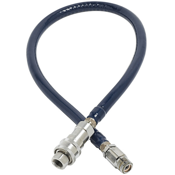 A black and silver T&S water appliance hose with metal connectors.