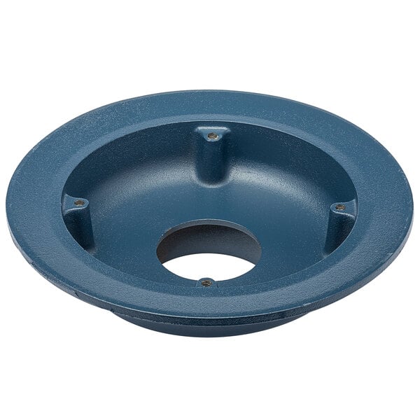 A blue circular Zurn roof drain body with holes in it.