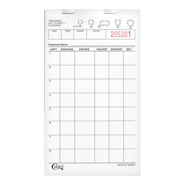Choice 1 Part White Waiter / Waitress Order Pad   - 50/Case