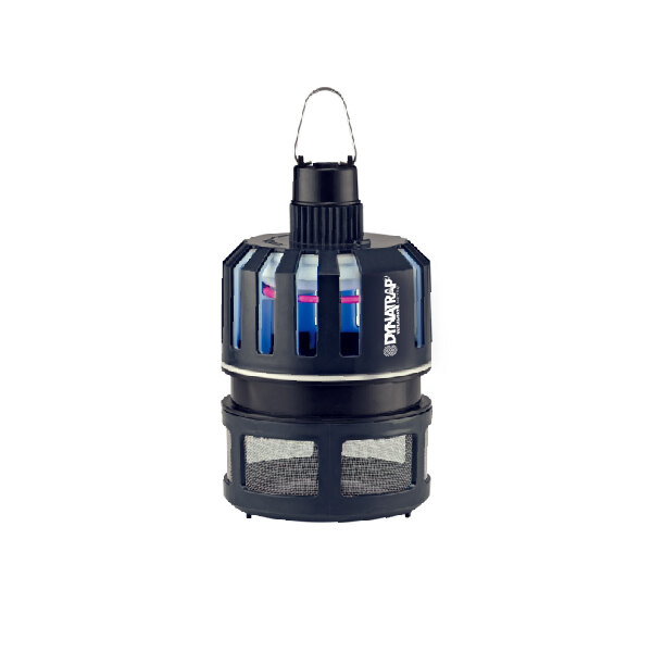 A black and blue Dynatrap flying insect trap with a black handle.