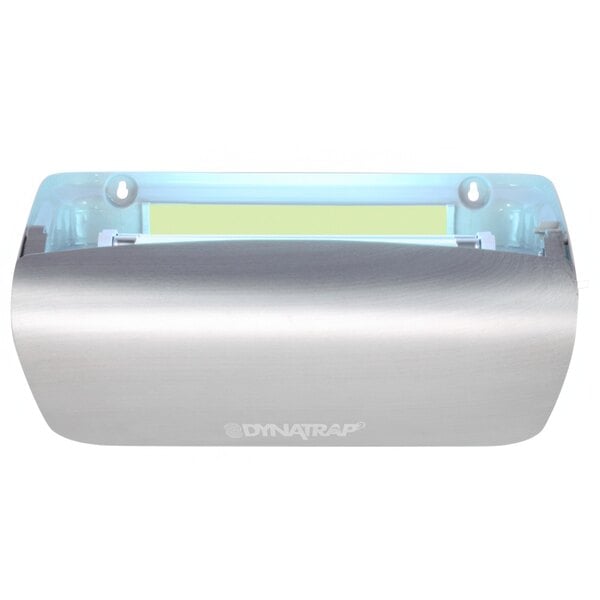 A close-up of a silver rectangular DynaTrap with a clear lid and blue light.
