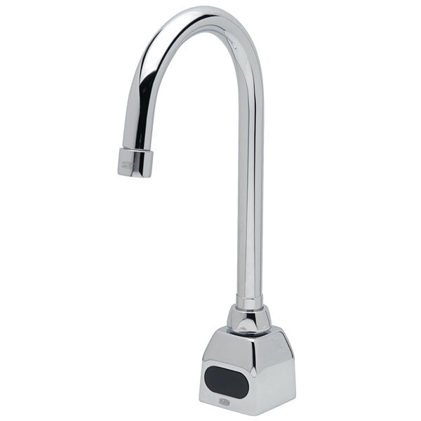 A silver Zurn AquaSense deck mount sensor faucet with a black button.