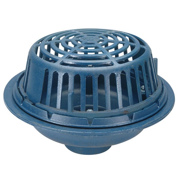 A Zurn blue cast iron roof drain with a low silhouette blue cast iron dome and a hole in the middle.