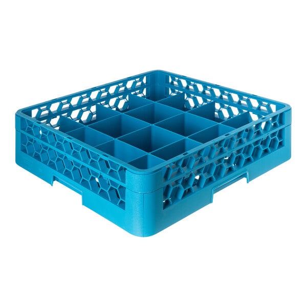 A blue plastic 16-compartment tilted cup rack with one extender, designed for washing and transporting cups.