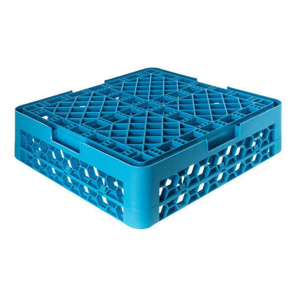 A blue plastic 16-compartment tilted cup rack with one extender.