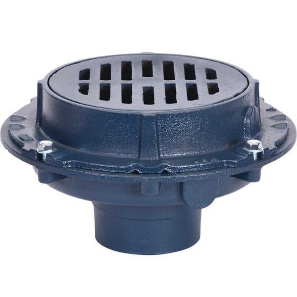 A blue Zurn round floor drain cover with holes.