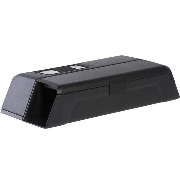 A black rectangular Victor Pest electronic mouse trap with a lid.