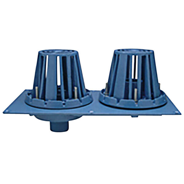 A Zurn cast iron roof drain with two blue plastic strainers.