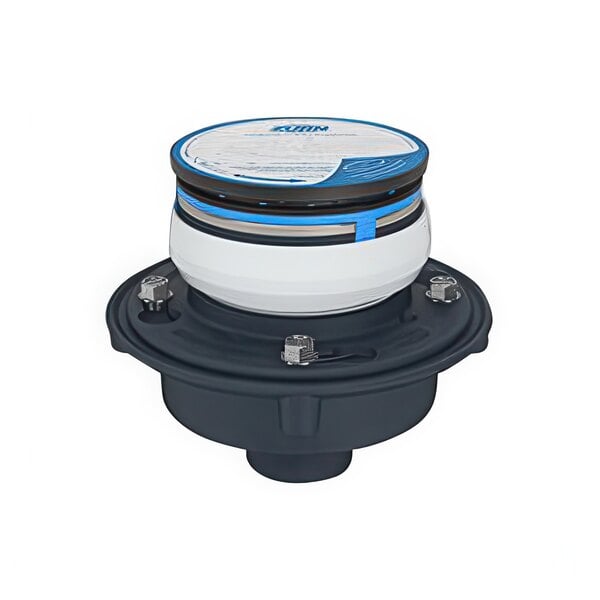 A round black and blue floor drain with a white lid and strainer with a blue and white circle.