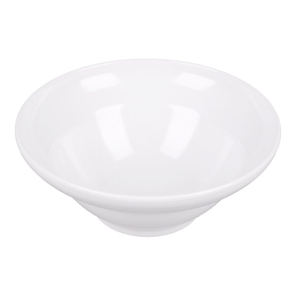 A white, round, empty bowl with a smooth, glossy finish.