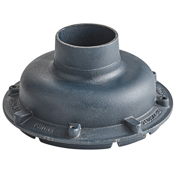 A Zurn cast iron roof drain body with a hole and a round metal object.