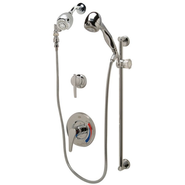 A Zurn Temp Gard shower unit with wall and handheld shower heads and slide bar.