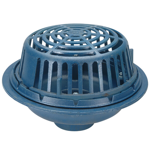 A Zurn blue cast iron roof drain cover with a hole.